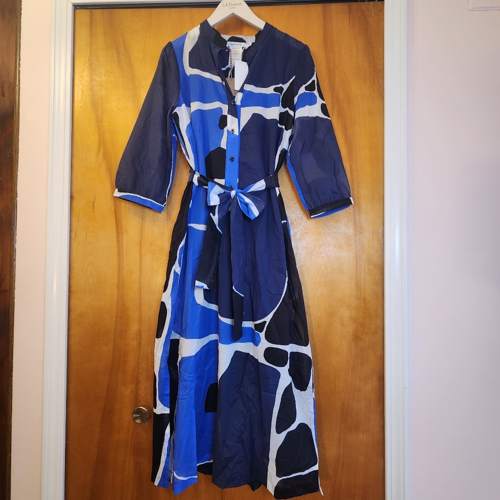 La Fée Marabouté Belted Shirt Dress in Geometric Blue, Size 36/XS/4 US NWT - Picture 5 of 14